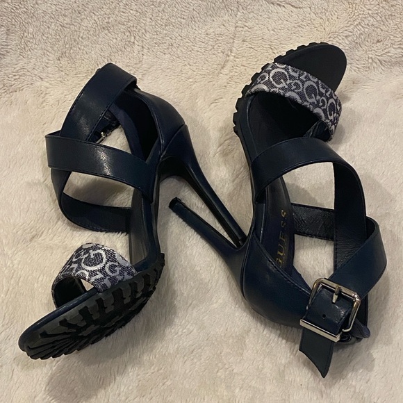 Guess Ankle Cross-Strap Slingback Ultra High Stiletto Heels Navy Blue Size 7 EUC - Picture 10 of 14